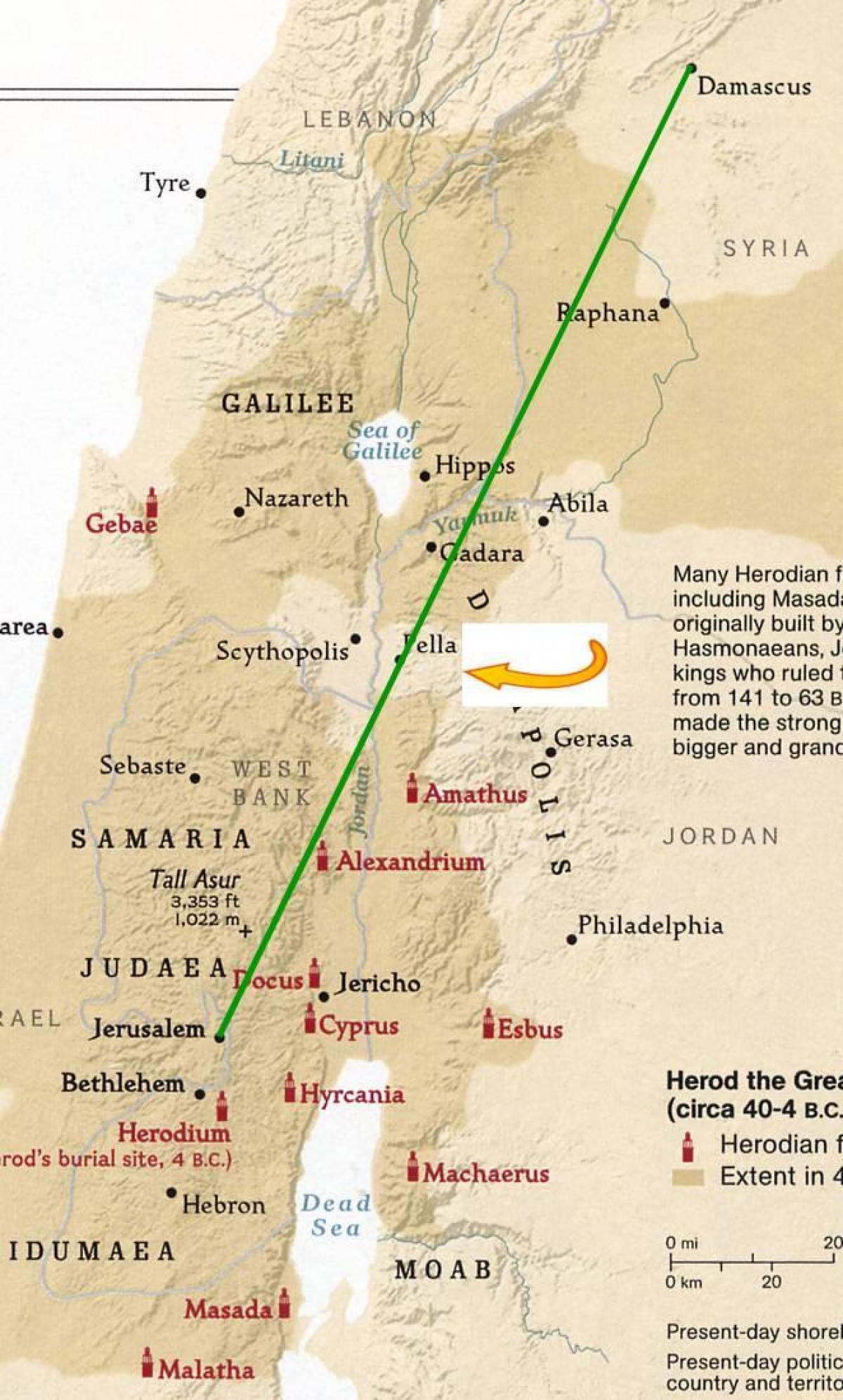 mapa de Jerusalém para damasco