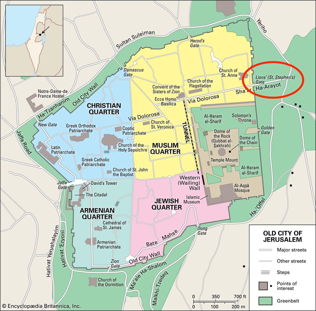 mapa da lions gate em Jerusalém